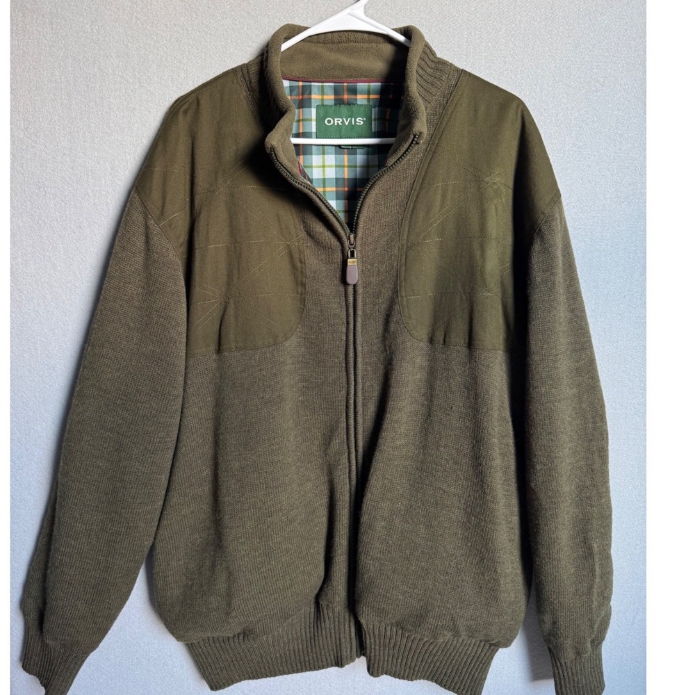 Orvis Wool Jacket Full Zip Shooting Hunting Bomber Olive Green Men's Size XL